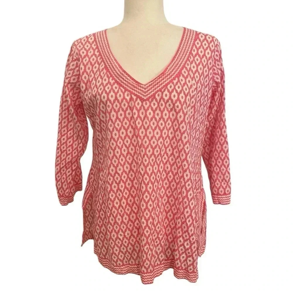 Gretchen Scott Womens Pink V-Neck 3/4 Sleeve Blouse Tunic Size Medium Summer